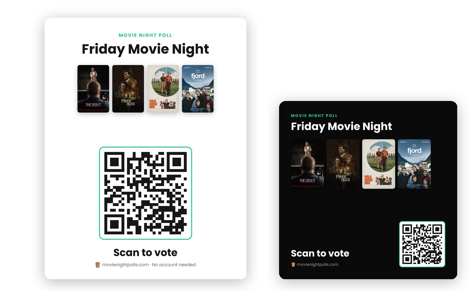 A printable movie poll flyer and a square QR card for group chats